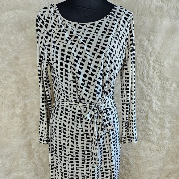 Anne Klein Women's Black and White Pattern Long Sleeves Round-Neck Wrap Dress L - Picture 1 of 9
